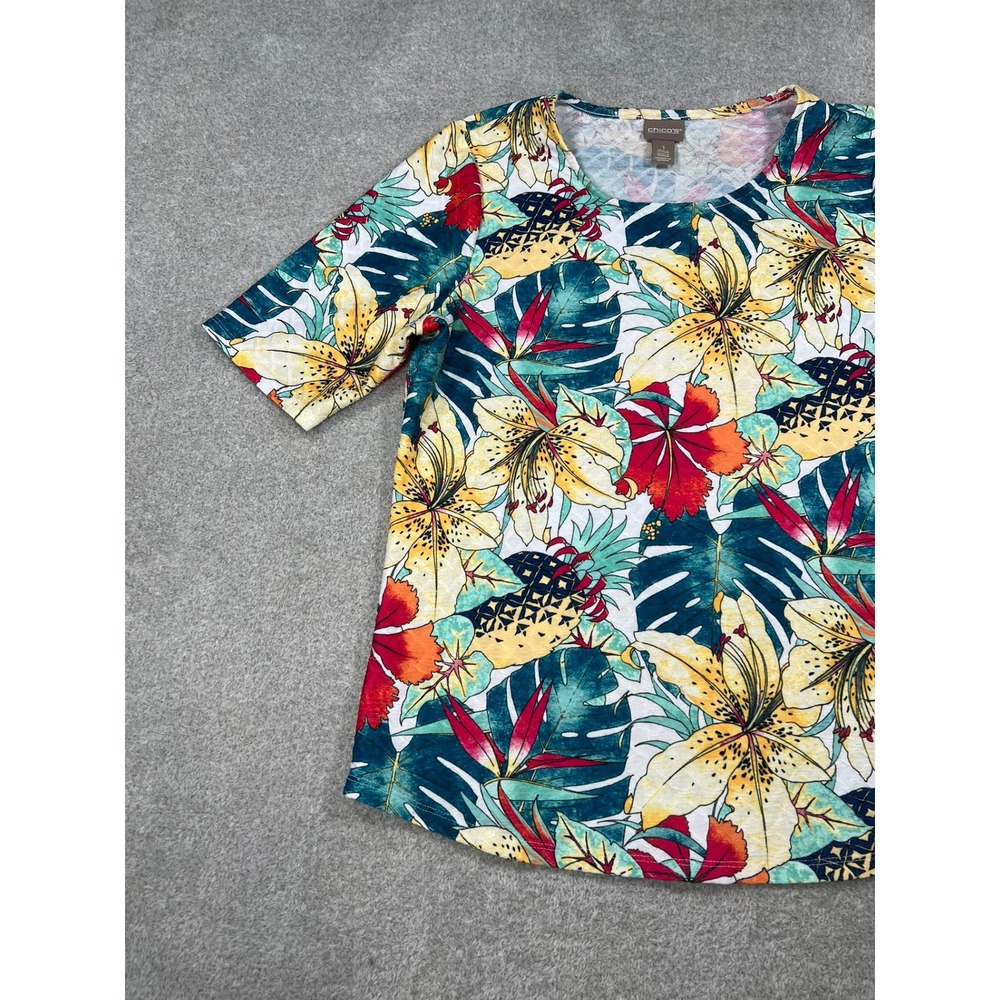 Chicos Tropical Floral Knit Top Womens 1 M Short Sleeve Scoop Neck - Picture 6 of 8